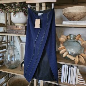 La Ligne “La Frange” Maxi Wrap Pencil Skirt Blue w/ Green Stripe Fringe NWT Sz 4